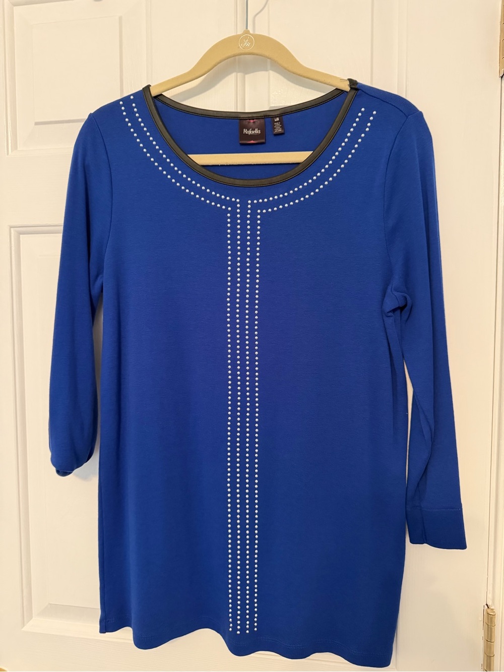 Misses-Rafaella Royal blue studded design pullover top w/faux black trim. Lg.$15